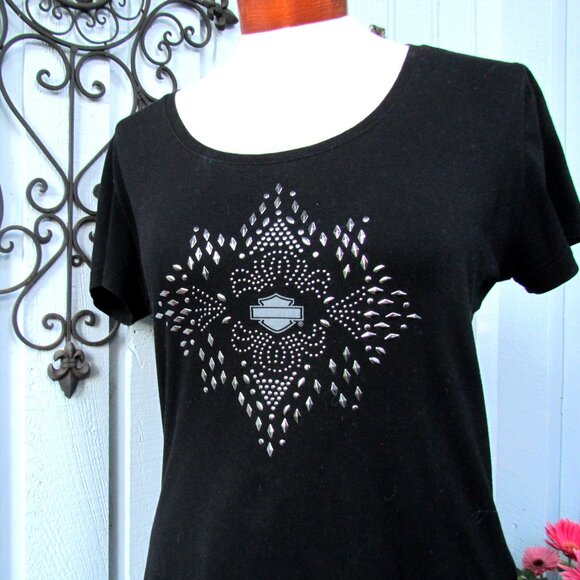 HARLEY-DAVIDSON Tops - HARLEY-DAVIDSON T-SHIRT, M, METAL BLING DESIGN, BLACK, EUC